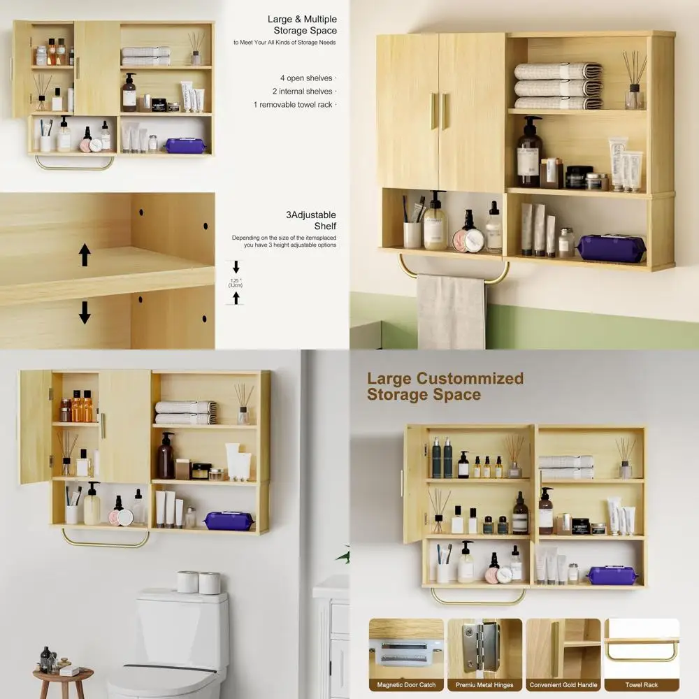 

Large Wooden Wall-Mounted Medicine Cabinet with 2 Doors and 4 Shelves, Over Toilet Storage Organizer with Towel Bar