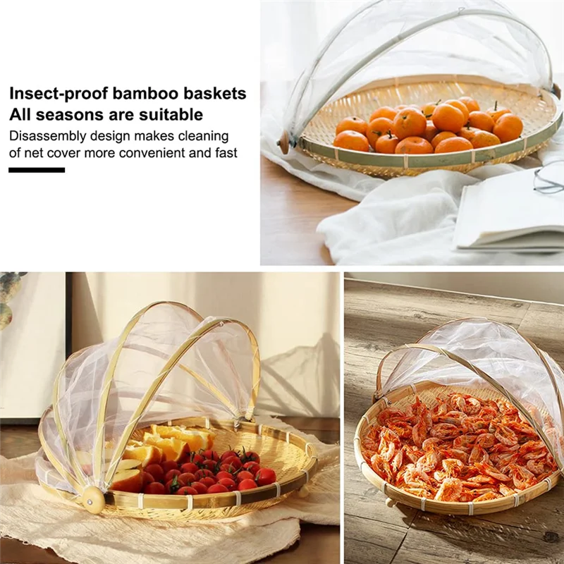 

DGO-nFood Bamboo Food Serving Tent Basket Hand-Woven Basket Serving Dustproof Round Picnic Basket Vegetable Fruits