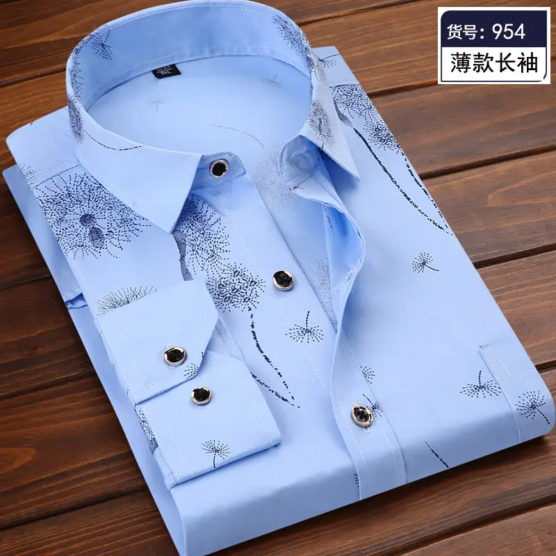 2024 Summer Men Long Sleeve Business Shirt Solid Color Printed Front Patch Chest Pocket Regular-fit Work Shirt Casual Shirt