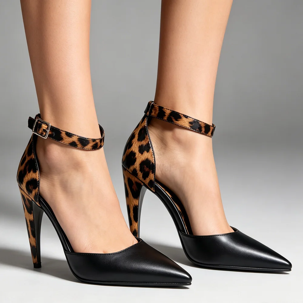 

4 Inch High Heel Patchwork Pumps Pointed Toe Ankle Strap Buckle Curved Heel Office Lady Party Dress Shoes