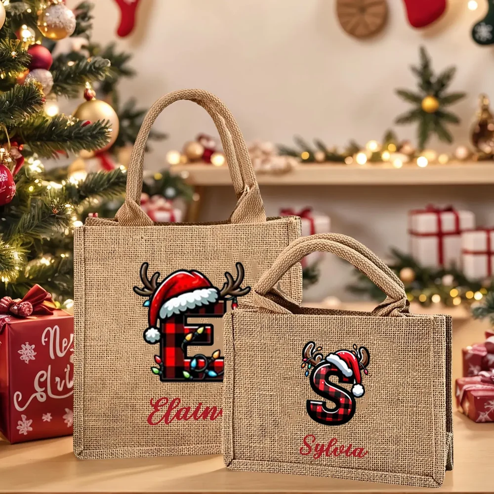 

Custom Initials 1Pcs Christmas Linen Tote Bag Winter Holiday Accessory New Year Gift for Friend Relative Santa Claus Filling Bag