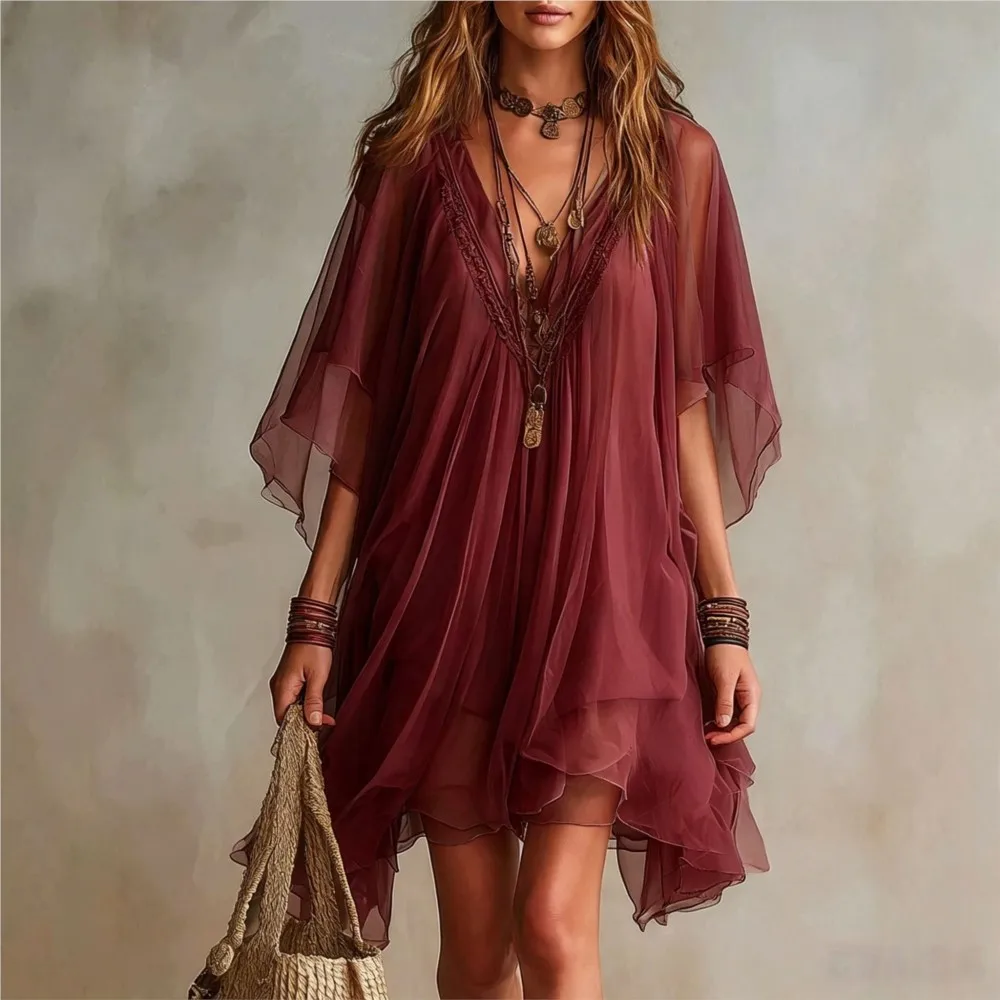 Summer Solid V-neck Loose Mini Dresses Set Women Spaghetti Strap Dress With Perspective Cover Up Beach Vacation Dress 2pcs Sets - view 3