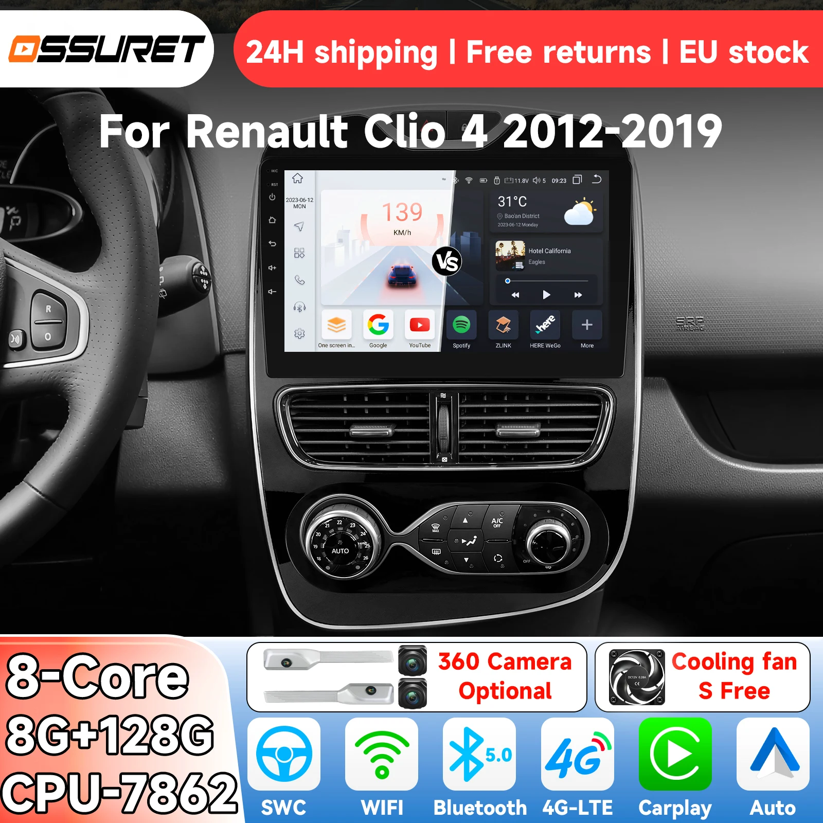 Autoradio Android 14 8G 128G pour Renault Clio 4 2012-2019 Système Intelligent Carplay Lecteur Multimédia Vidéo GPS 4G BT 7862