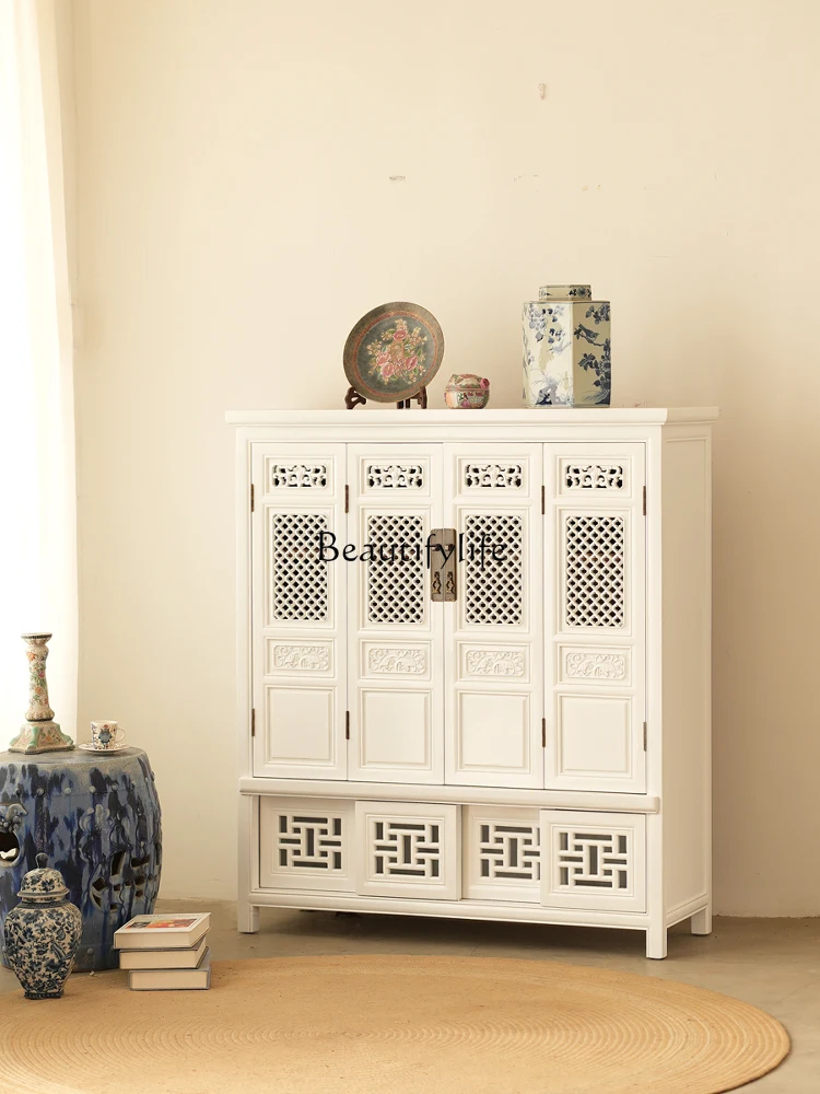 

All solid wood foyer entrance cabinet retro hollow lattice large capacity multi-layer storage cabinet