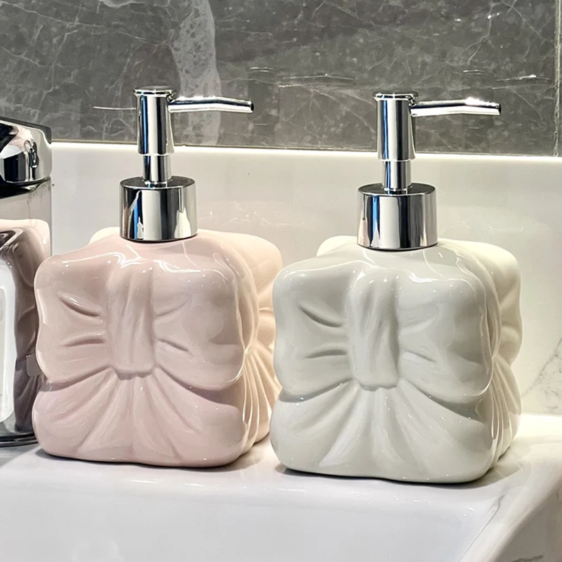 Cute Bow Press Separated Ceramic  Bottle Bow Shaped Liquid Soap Dispenser Hand Sanitizer Lotion Bathroom Shampoo Shower Box