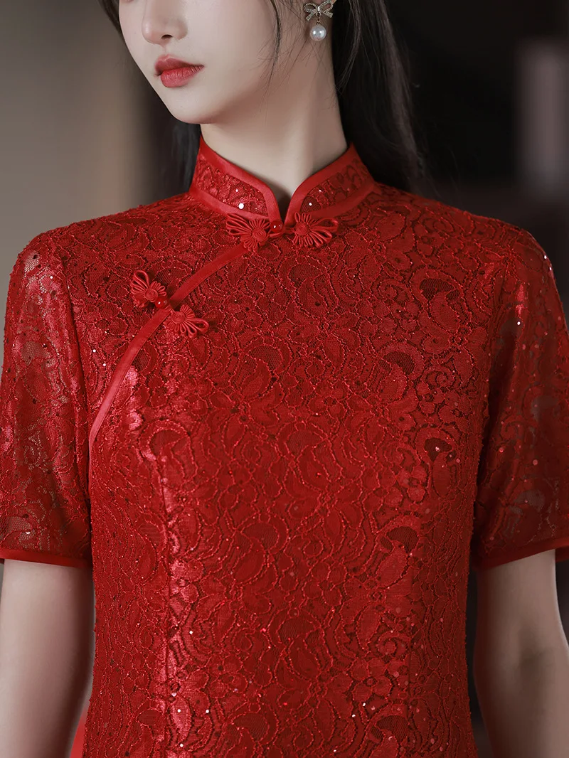 Fzslcyiyi verão manga curta bordado chiffon vermelho casamento qipao chinês tradicional mandarim colar cheongsam vestidos femininos