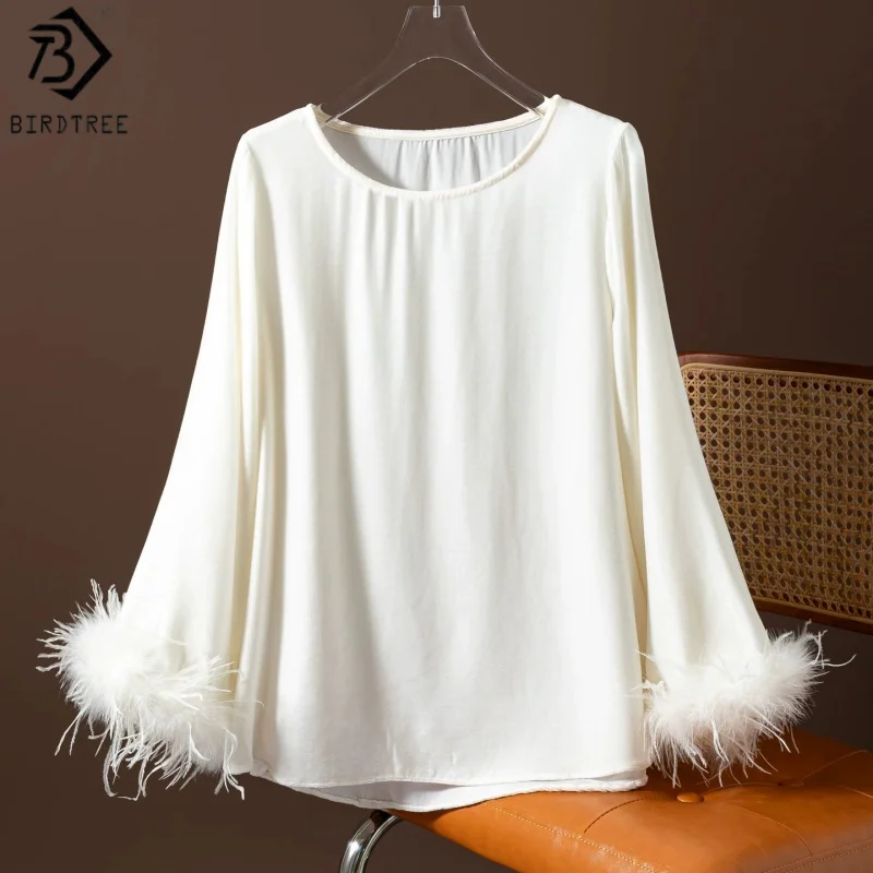 Birdtree, Silk Blended Velvet Tshirt, Long Sleeve O-neck Tops, Women Loose Solid Shirt, 2026 Autumn New, Black, White T69625JF