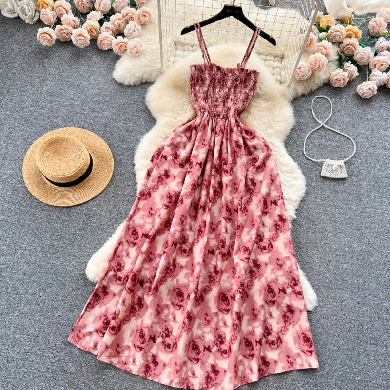 

Korean Fashion Rose Flower Print Bohemian Retro Party Dress Summer Elastic High Waist Vacation Long Dress Beach Vestido платье