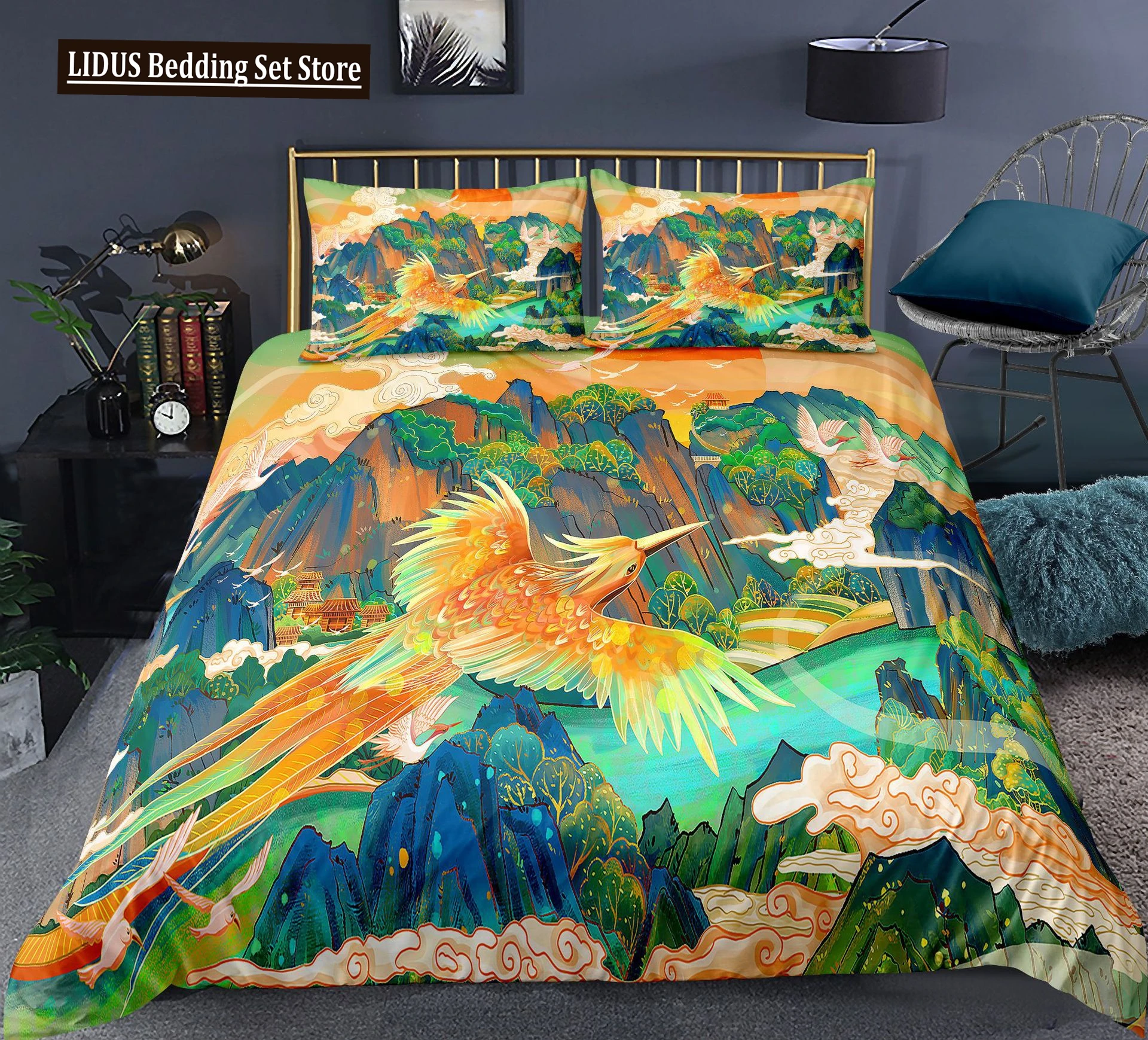 

Chinoiserie Animal Polyester Duvet Cover Set King Colorful Phoenix Mountain River Landscape Asian Culture Theme For Kids Teens