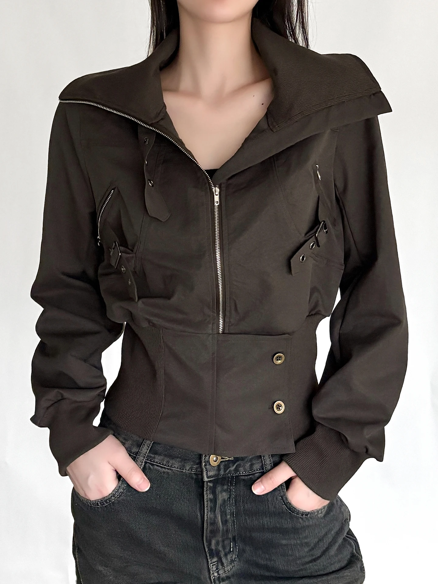 

Street Style Women's Zipper Long Sleeve Jacket Pure Color Stand Collar Waist Cinched Cuffed Elastic Hem Outerwear by WEEKEEP