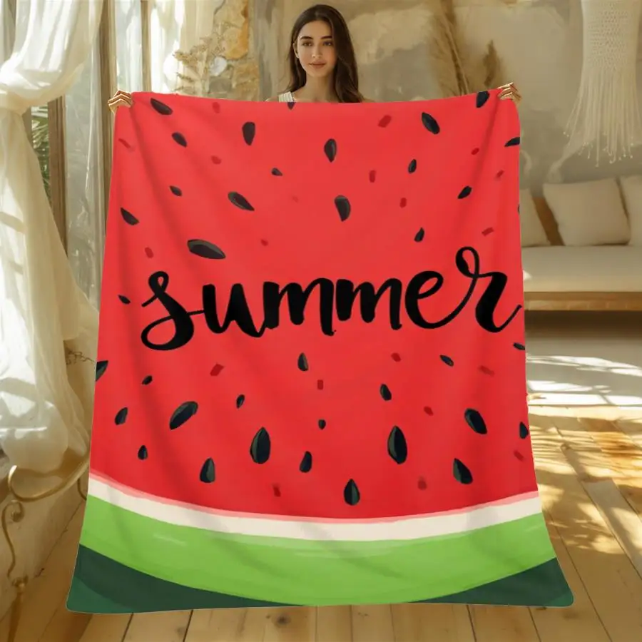 1pc Warm Premium Flannel Blanket, Vibrant Watermelon Slice with Summer Script and Sunburst Design, Comfortable All-Season Decorative Throw Gift, 280GSM Perfect as Home Decoration & Holiday Gift Choice.