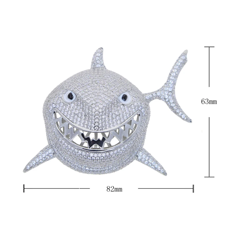 New Hip Hop Marine Animals Shark Pendants Necklace Silver Color Iced Out Bling Gold Cubic Zirconia Charm For Men Women Jewelry