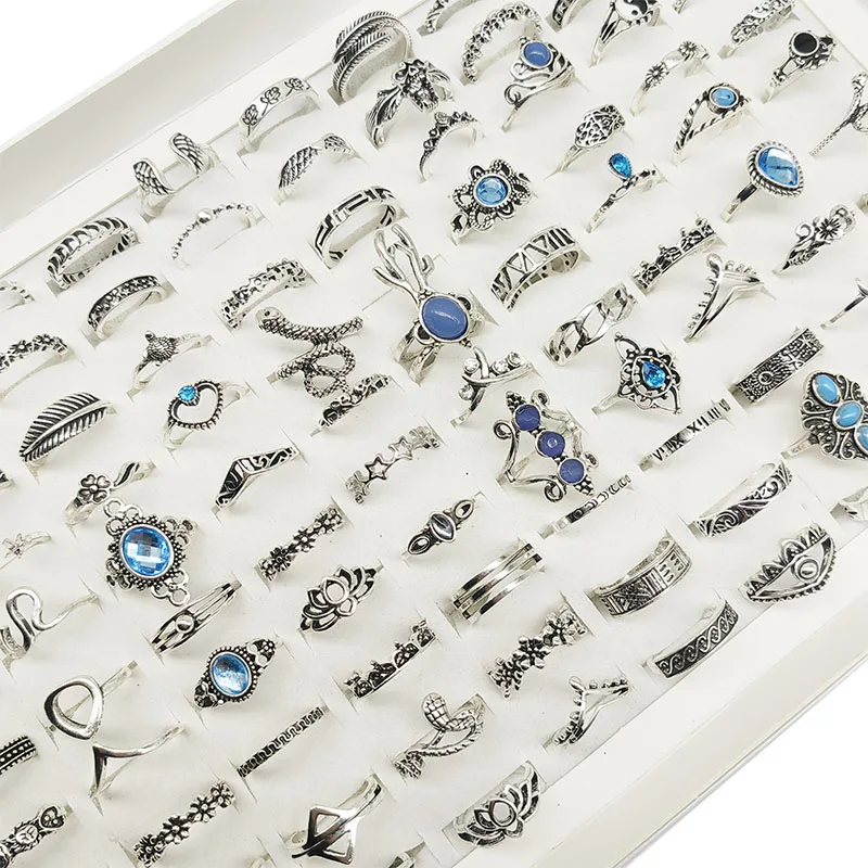 50pc/Lot Wholesale New Mix Style Vintage Finger Rings For Women Hot Enamel Crystal Crown Flower Snake Animal Jewelry Party Girls