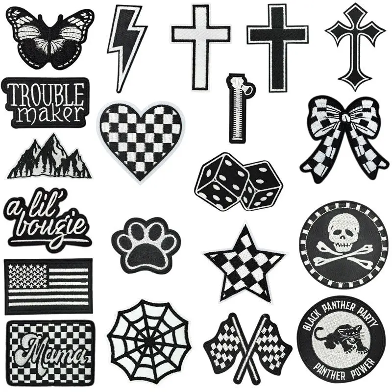 Black Heart Mountain Lighting Cross Dice Iron-on Sew Embroidery Badge Patches DIY T-shirt Hat Backpack Clothing Applique Sticker