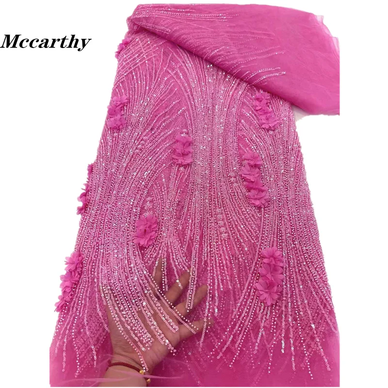 2024 Pink High Quality 3D African Net Lace Fabric Sequin Mesh Luxury Heavy bead Embroidered Tulle Fabric for Sewing Dresses