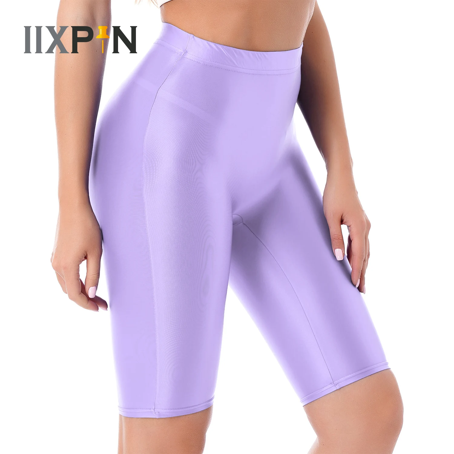 Women Glossy Shorts High Waist Fitness Short Leggings Oil Shiny Knee-Length Tights Swimming Trunks Female Workout Sports Bottoms