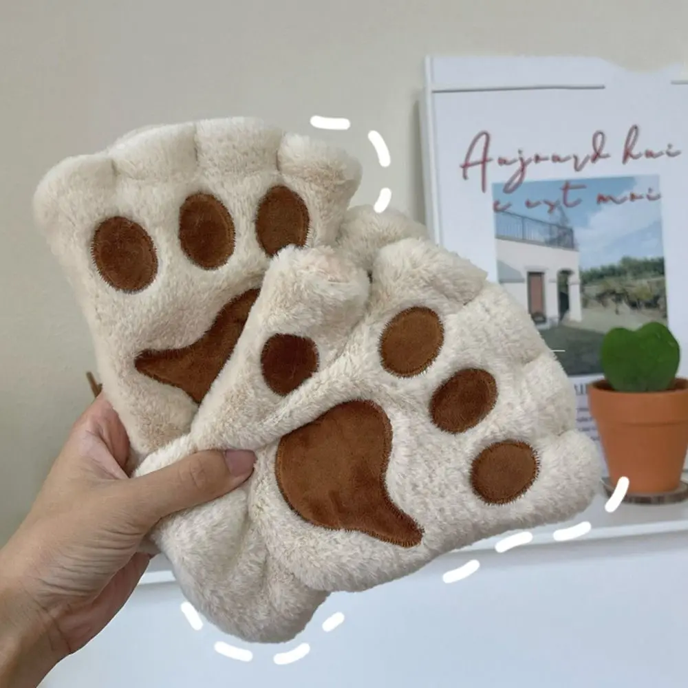 

Soft Half Finger Plush Cat Claw Gloves Touch Screen Solid Color Winter Velvet Gloves Warm Thickened Bear Paw Gloves Outdoor