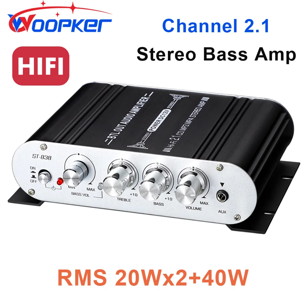 Woopker Audio Amplifier ST-838 2.1 Channel Subwoofer Stereo Bass Amp RMS 20Wx2+40W Class D Mini Amplifiers Media Player