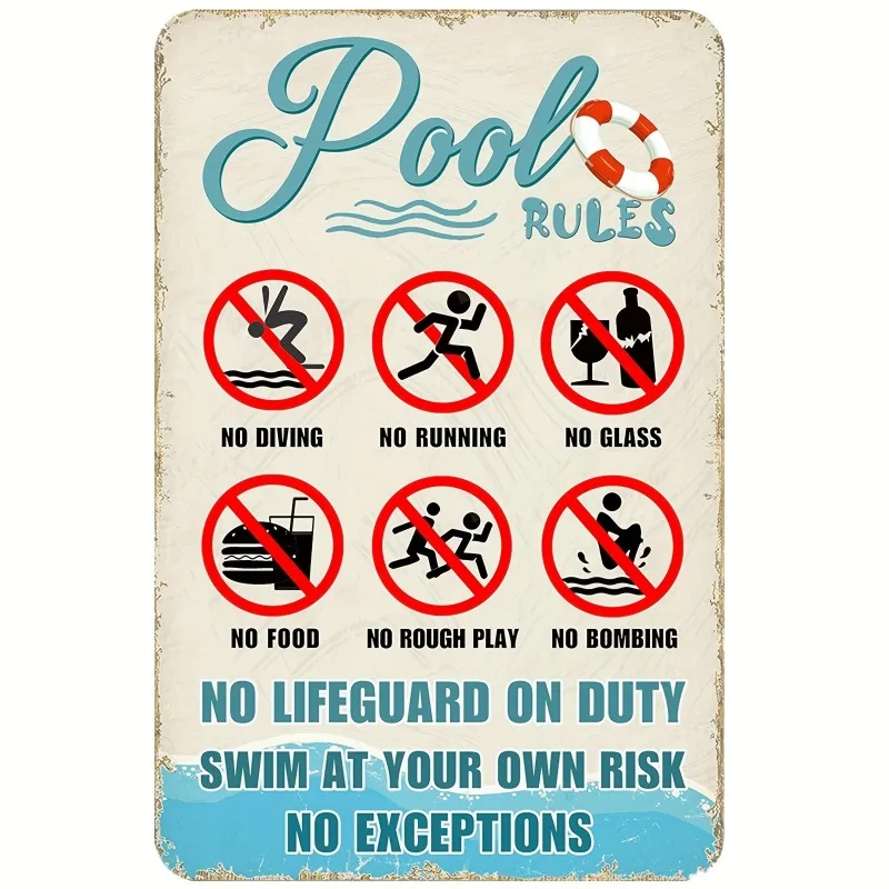 Mother's Day Vintage Metal Pool Rules Sign 30x20cm - Rustic No Diving Warning, Outdoor Pool Safety Wall Decor
