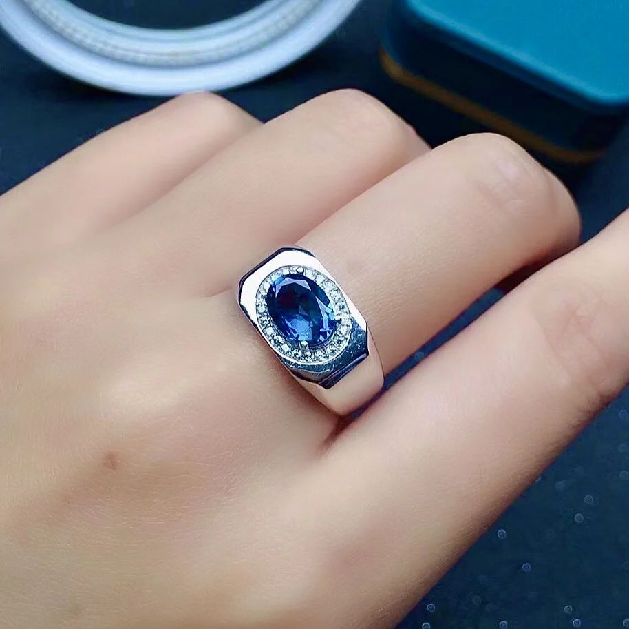 London Blue Topaz Ring for Man 1ct 6mm*8mm VVS Grade Natural Topaz Man Ring Fashion 925 Silver Man Jewelry