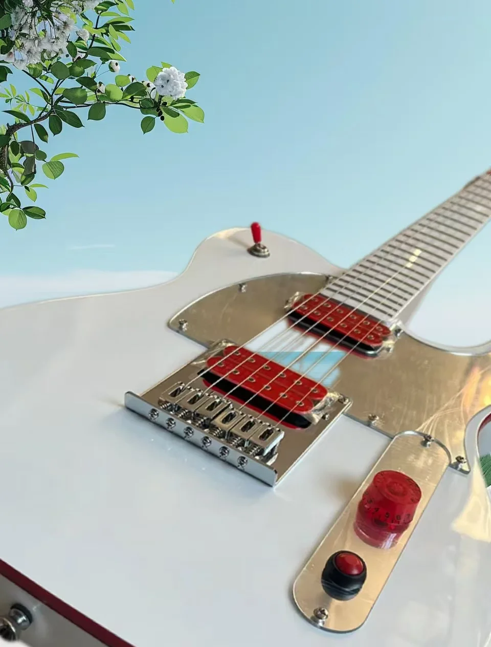 

Pure white electric guitar, red pickup, professional level, quality assurance,