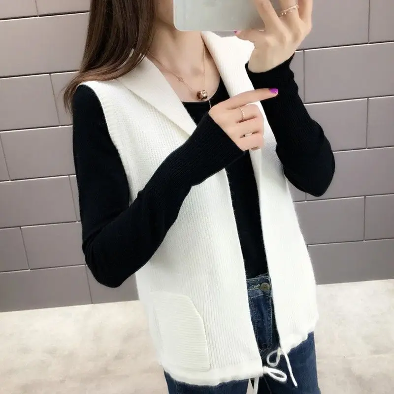 Clothes for Women Autumn Simple Casual Drawstring Hooded Knitted Sweater Vest Solid Loose Sleeveless Pockets Cardigan Waistcoat