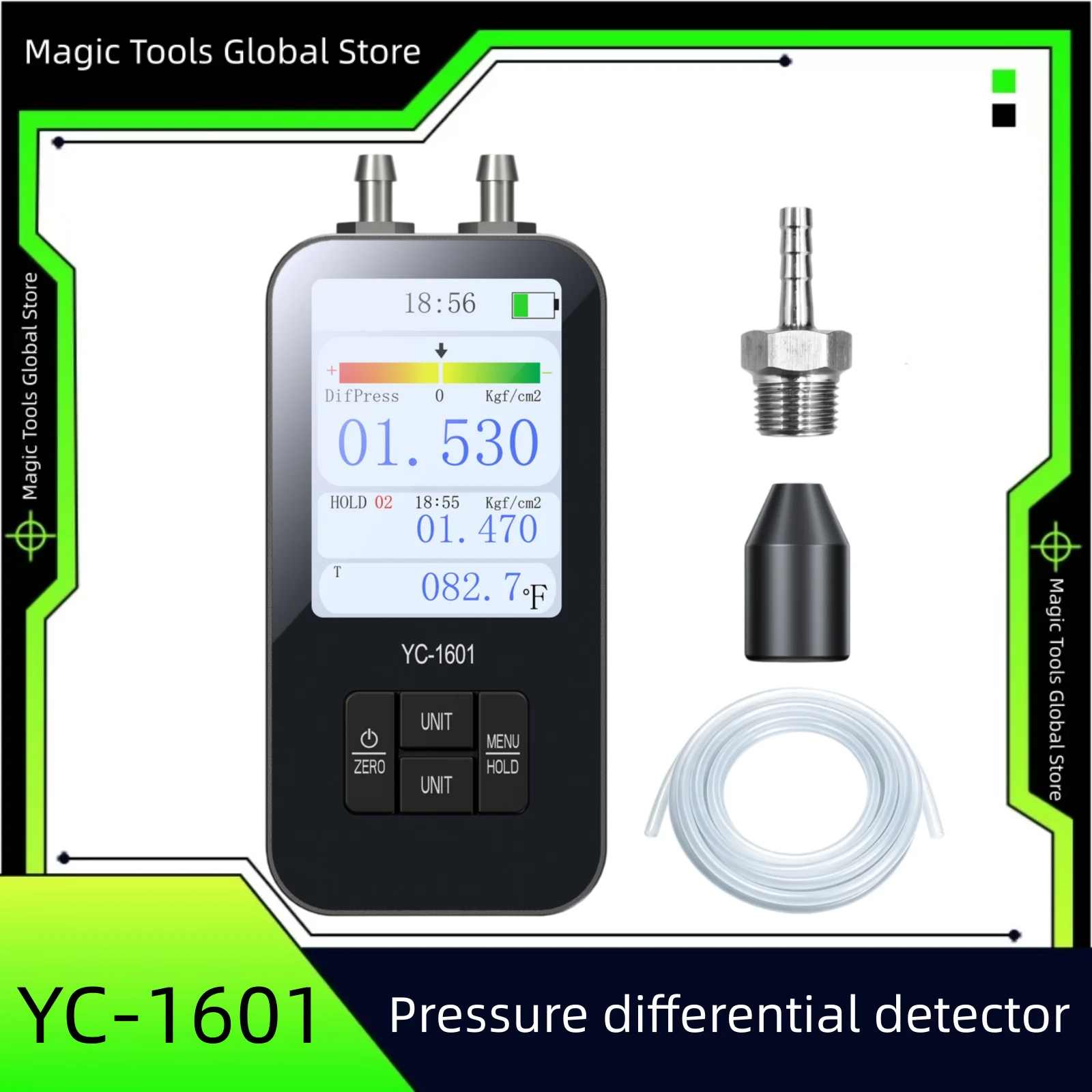 YC-1601 Handheld Digital Manometer ±40kPa Dual Port Gas Differential Pressure Gauge 12 Units Type-C Rechargeable HVAC Tester