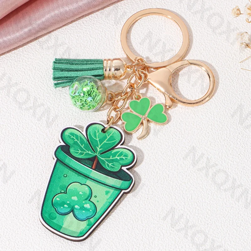 Green Four Leaf Clover Luck Wooden Keychain Pretty Leaves Lucky Key Ring For Women Men St. Patrick\'s Day Gift Handmade Jewelry