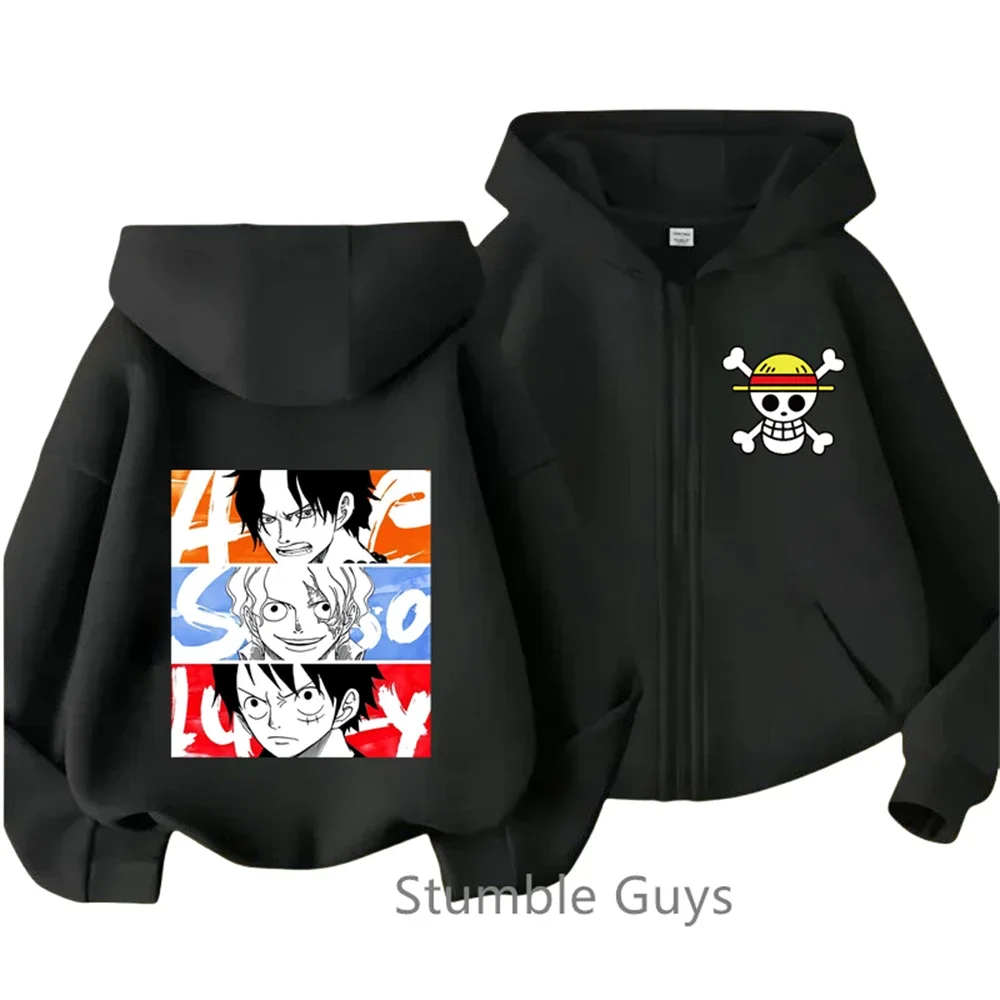 One Pieces Zipper Hoodie Kids Cartoon Print Clothes Anime Long-sleeved Luffy Zoro Hooded Sweatshirt Casual Top for Boys Girls