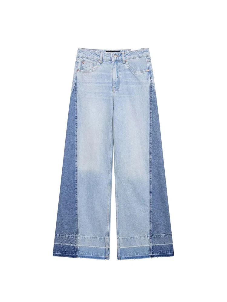 

Women's Fashion Vintage Style Contrast Color Splicing High Waist Wide Leg Jeans High Street Casual Versatile Women's Pants