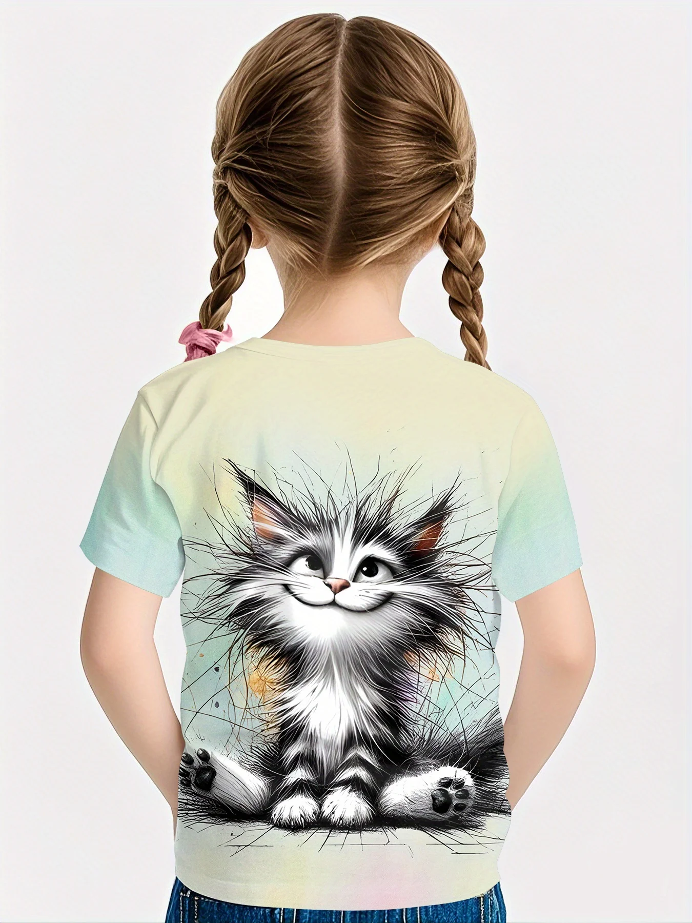 Girls Trendy Cat‑Lover Tee Shirt, Whimsical Happy Fluffy Kitten Sketch Print Design Short Sleeve Crew Neck Toddler Daily Tee