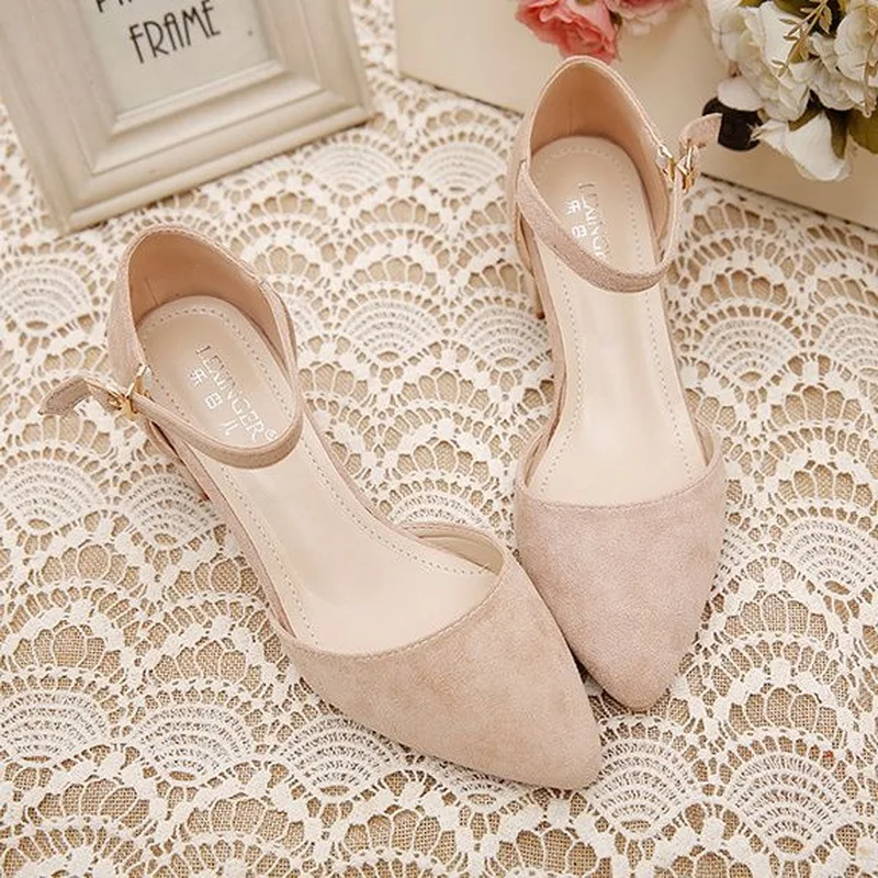 FHC 2024 New Women Pumps,Flock High Heels,Side Shallow Out Shoes,Ankle Buckle Strap,Pointed Toe,Pink,Black,Beige,Dropship