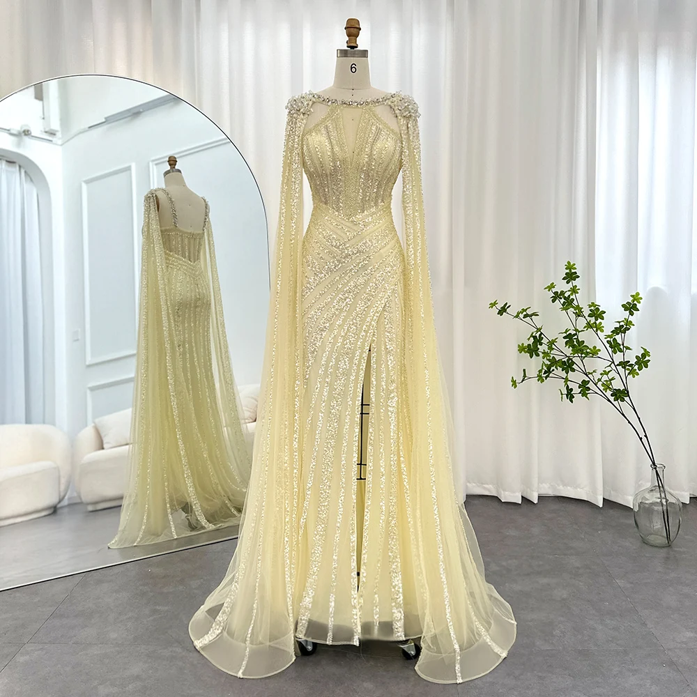 Jancember Crystal Dubai Yellow Evening Dress With Cape Sleeves 2024 Lilac Arabic Mermaid Women Wedding Party Gown Scz149