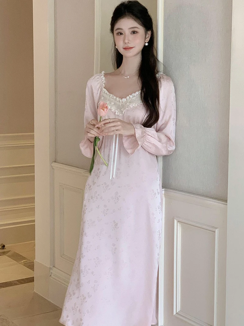 Women French Vintage Pajamas Autumn Fairy Silk Long Sleeve Nightgown Princess Nightgown Night Dress Victorian Home Clothes