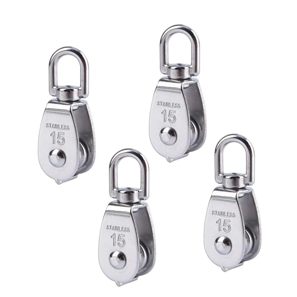 4 Pieces Of M15 Lifting Single Pulley Roller 304 Stainless Steel Heavy-duty Single Pulley Rotating Lifting Rope Pulley Set