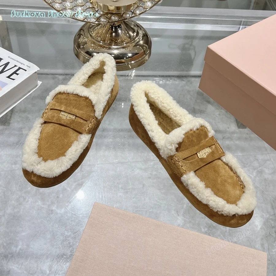 Surkova New Women Penny Faux Fur Warm Loafers Fashion Round Toe Comfortable Flats Shoes Autumn Winter Retro Slip On Casual Pumps