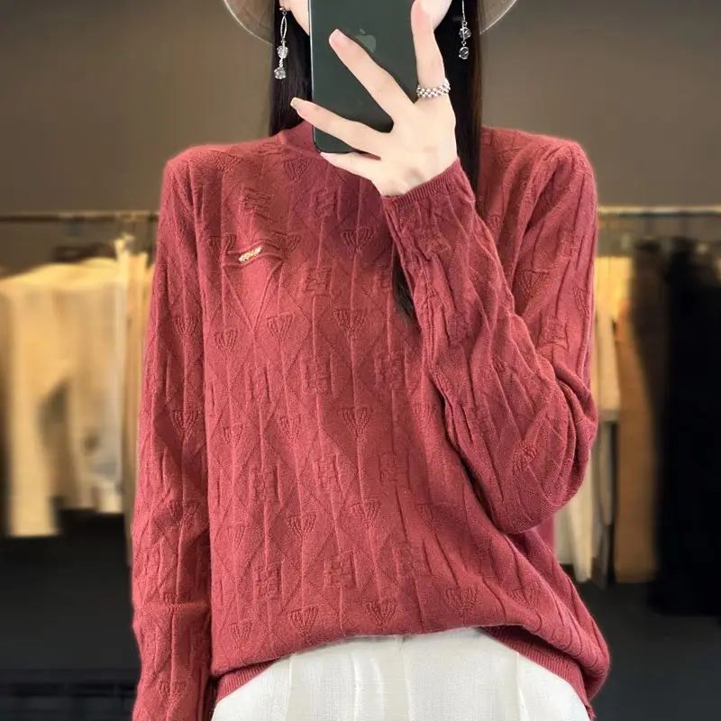 Office Lady Solid Color Pullover Lantern Long Sleeve Screw Thread Sweater Knitted Elegant Women\'s Clothing Autumn Winter Tops