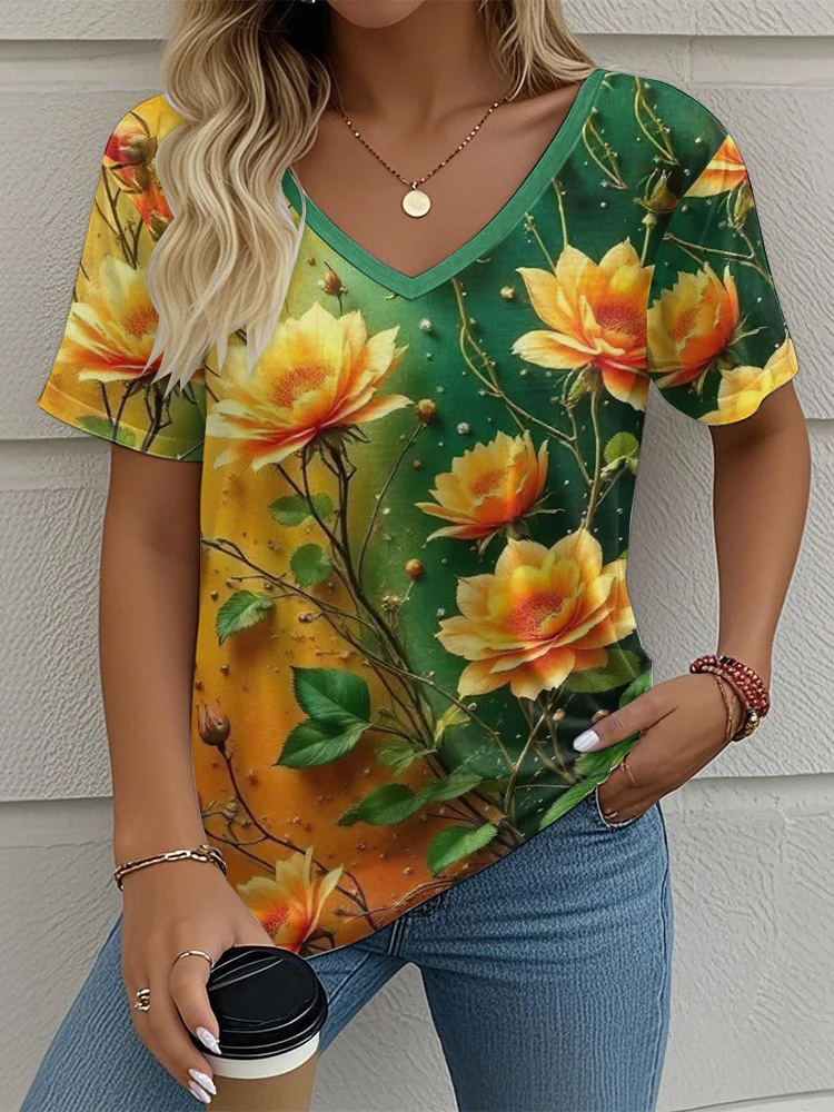 Flower Women's V-neck T-shirt Summer Outdoor Casual Short Sleeve Tops Fashion 3D Printing Trendy OverSize Women's Clothing view 3