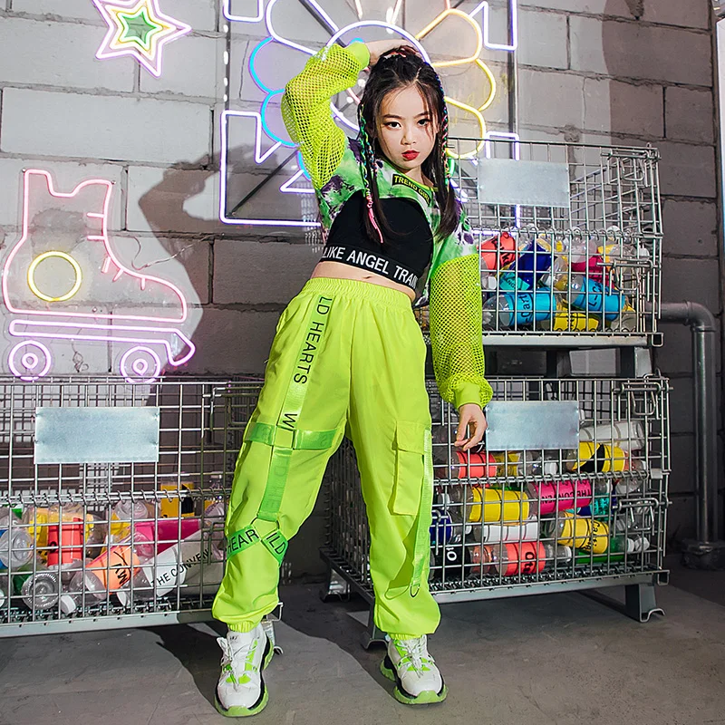 Hip Hop Costumes Girls Fluorescent Green Tops Pants Street Dance Outfit Modern Jazz Performance Dance Wear Rave Clothes BL7110