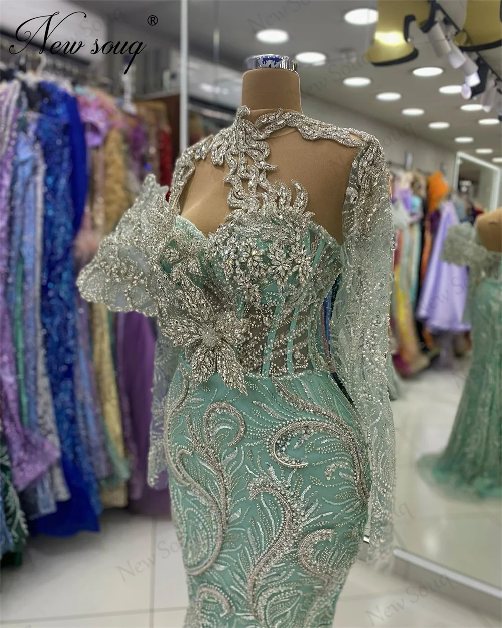 Vestidos Sereia com Cristais Brilhantes, Vestidos Elegantes com Cristais Brilhantes, Dubai, Verde Menta, Festa de Casamento, Árabe, 2022