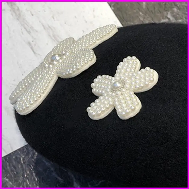 ヴィンテージ ベレー帽 ペインター ハット パール フラワー ウィンター ビーニーハット ブラック オールマッチ