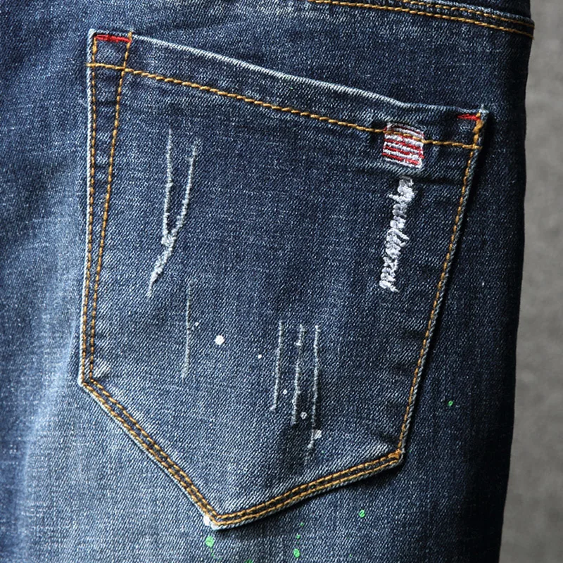 2023 Hole & Patch Jeans Men's Motorcycle Trousers Trendy Slim Casual All-Match Skinny Street Ripped Pants