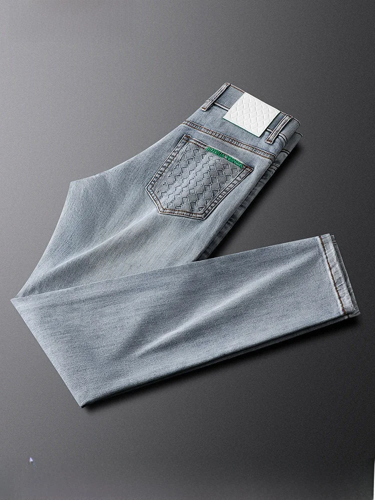 

Light Luxury Light Blue Jeans Men Slim Fit Waed Wear Resistant Elastic Faionable All Match Small Straight Casual Pants