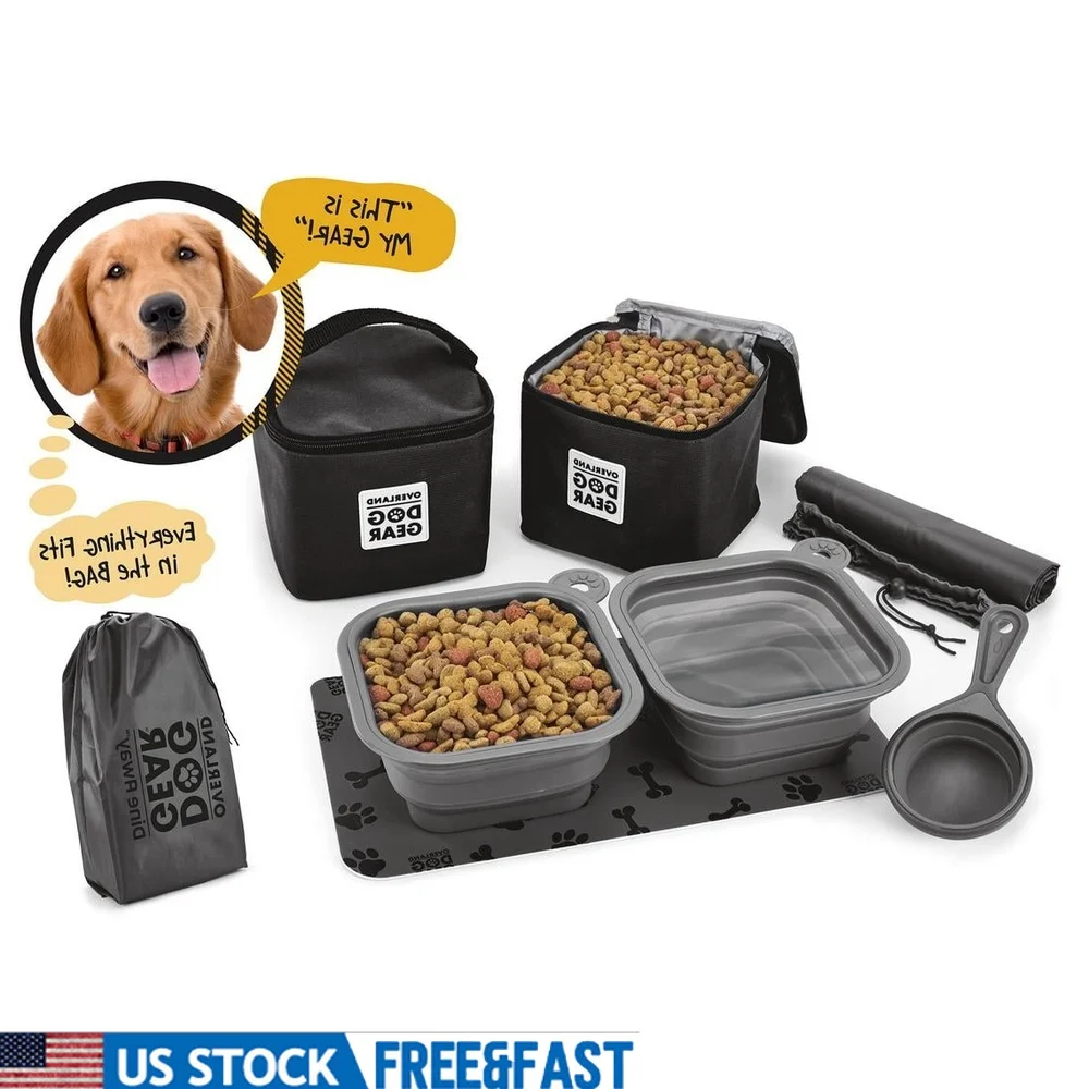 

Medium Large Dog Travel Food Set 7 Pack Collapsible Bowls Carriers Scoop Non Slip Placemat Drawstring Bag Easy Clean