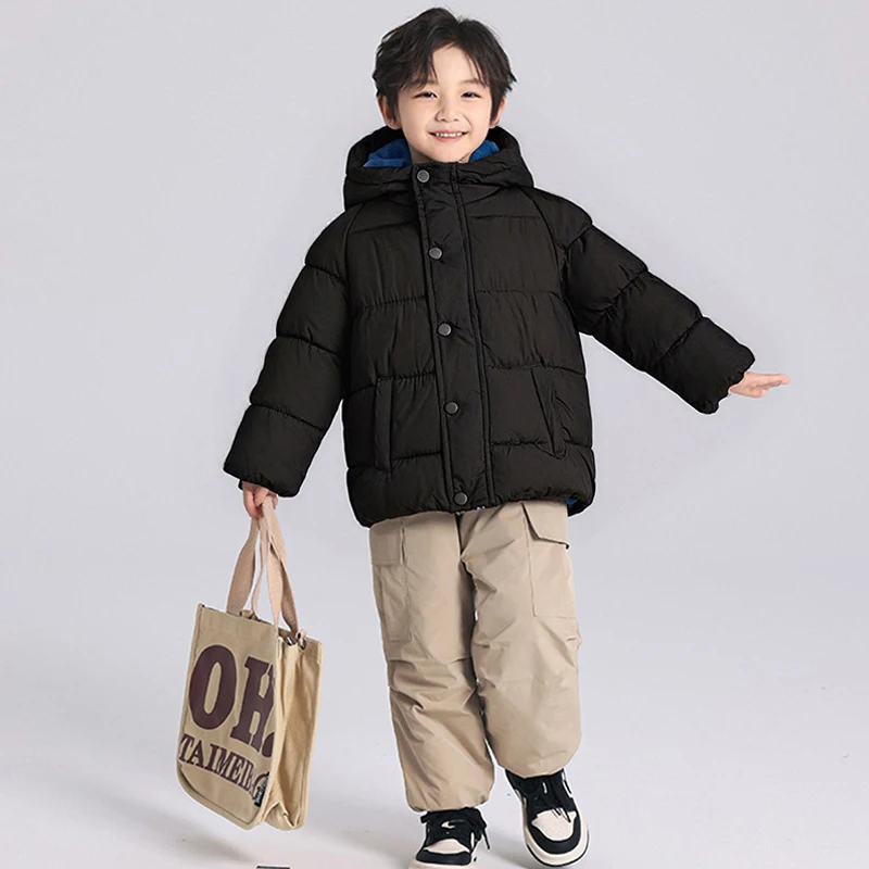 Kids Jacket Teen Boys Jacket Autumn Winter Solid Color Lining Plush Thick Warm Hooded Zipper Coats For Boys Cotton Down Snowsuit
