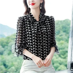 Spring Summer Women's Clothing Pullover Scarf Collar Houndstooth Chiffon Petal Long Sleeve T-Shirts Comfortable Beachy Tops