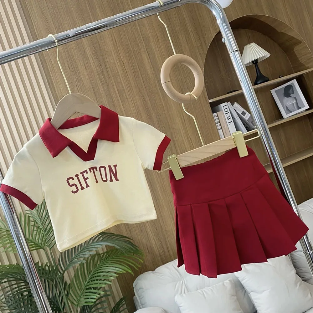 Summer Kids Girls Clothes Sets Korean Preppy Chic Short Sleeve Letter T-shirt+Pleated Skirts 2Pcs Children Clothing Suit 1-8T