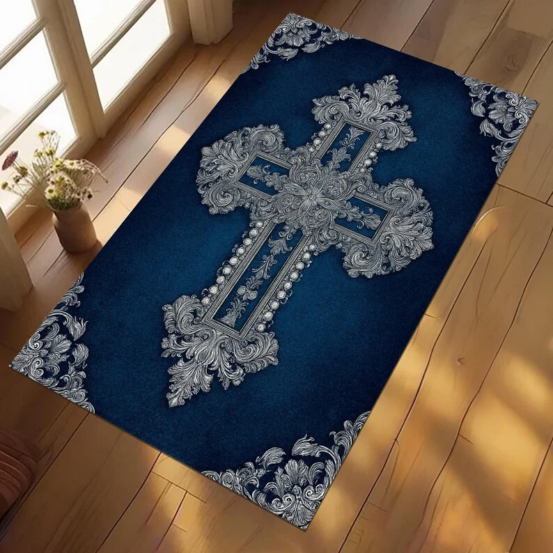 Gothic Baroque Cross Area Rug, Ornate Christian Decor Mat Non-Slip Religious Prayer Rug Vintage Orthodox Faith Decor for Bedroom