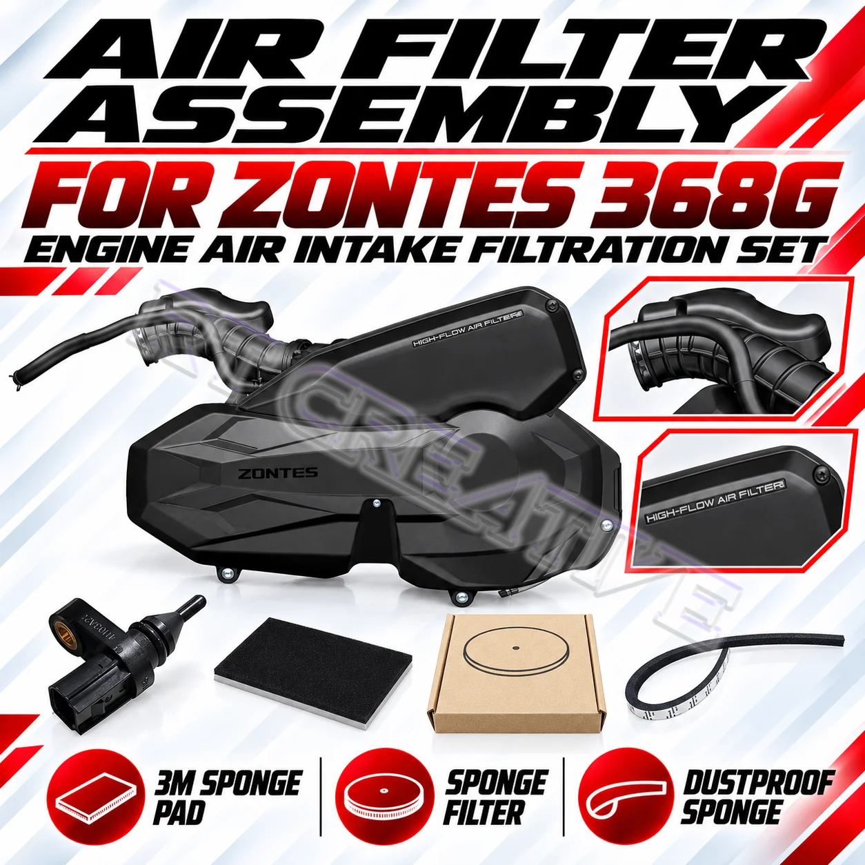 Motorbike Air Filter Decor Cover Sponge Pad Resonator Bracket Intake Temp Sensor For ZONTES 368G 2024 Aftermarket Parts