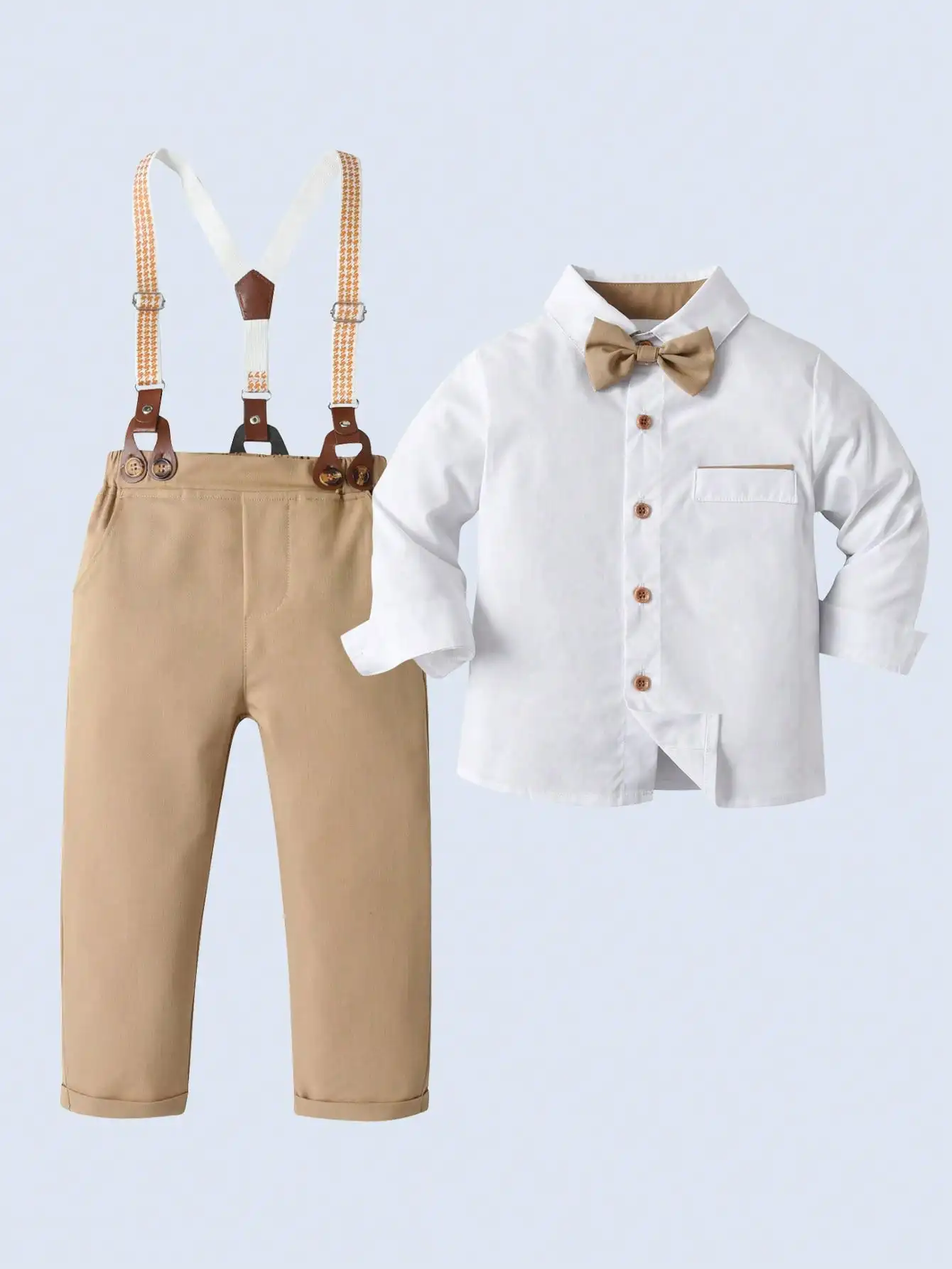 

2-Piece Toddler Gentleman Set: White Long Sleeve Shirt with Bow Tie & Khaki Suspender Pants